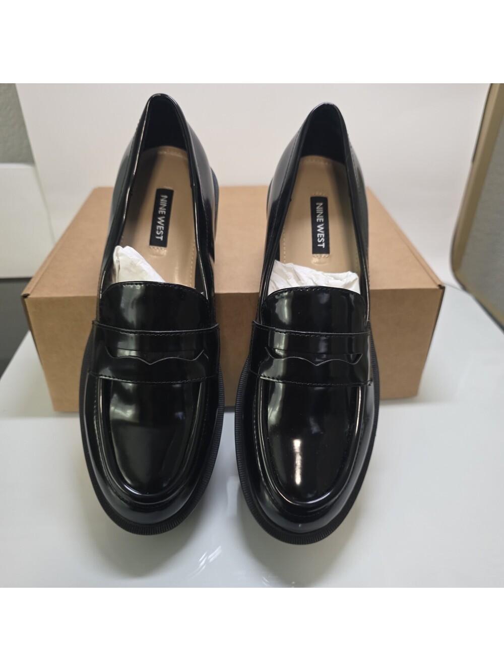 Nine West Maibel Lug Sole Penny Loafer Black Patent Women's Size 7.5 New
